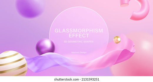 Pink background 3d geometric shapes and glassmorphism circle plate in the center
