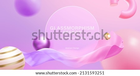 Pink background of 3d geometric shapes with glassmorphism circle plate in the center