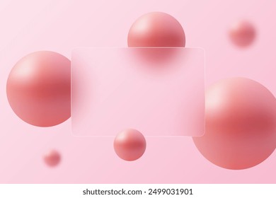 Pink background and 3D spheres in glass morphism style