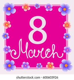 Pink background 8 march with flowers. Vector illustration