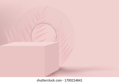 Pink background with absract tropical leaves and pink cube. podium. modern background. vector illustration. eps 10