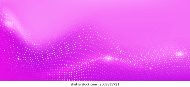 Pink background with abstract particle wave pattern. Futuristic digital texture for science and technology design. Realistic 3d vector illustration of wallpaper with dynamic dot curve line grid.