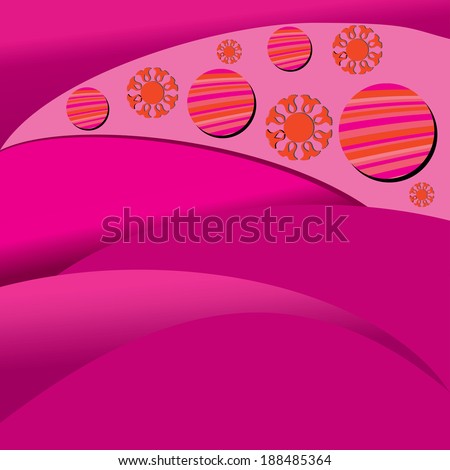 Pink background. Abstract wave and rounds.Striped circles 