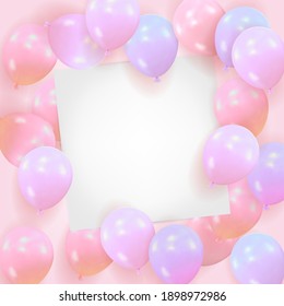 Arrière-plan rose à partir de balles avec une feuille de papier vierge. Modèle pour la célébration de l'heureux anniversaire, Saint-Valentin, mariage avec place pour texte. Illustration vectorielle