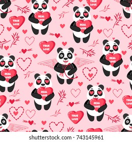 Pink background with arrows, hearts, love, panda and bamboo. Seamless pattern with holiday design elements. Happy Valentine's Day. Lovely animal. 