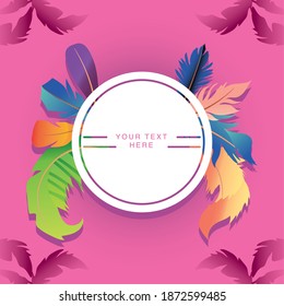 pink background badge with feather decoration border vector illustration