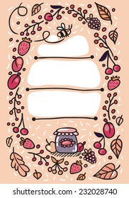 Pink background with berries and jam jars.