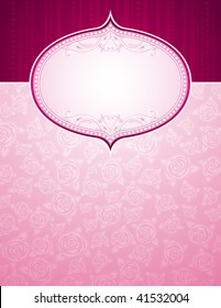 pink background with big label and roses, vector illustration