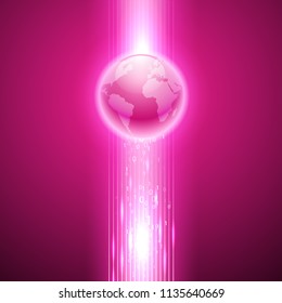Pink background with binary code to the globe.