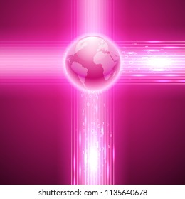 Pink background with binary code to the globe.