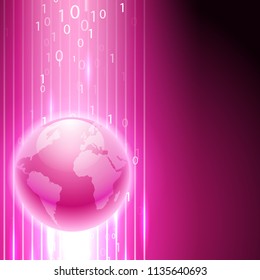 Pink background with binary code to the globe.