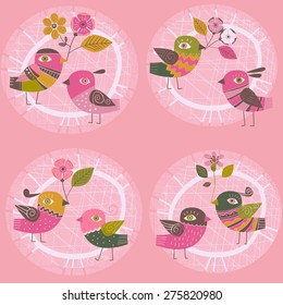pink background with birds and flowers