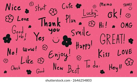 Pink background with black doodles and words like 'Thank you', 'Love', 'Smile', 'Enjoy', and 'Great'. Positive words and doodles fill the pink space. Colorful typography vector set.