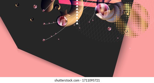 Pink background with black and gold design elements. Abstract flowers papercut decoration golden halftone effect pattern. Stock vector design