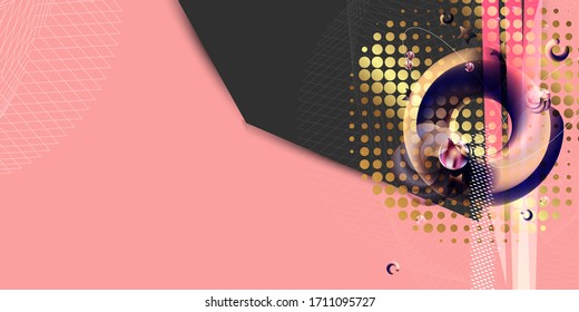 Pink Background With Black And Gold Design Elements. Abstract Flowers Papercut Decoration Golden Halftone Effect Pattern. Stock Vector Design