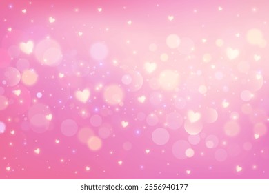 Pink background with bokeh and hearts. Cute pastel gradient girly blurred backdrop for Valentine Day card design. Lovely dreamy vector wallpaper with soft fairy light. Lilac glittering bg