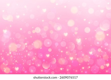 Pink background with bokeh and hearts. Cute pastel gradient girly blurred backdrop for Valentine Day card design. Lovely dreamy vector wallpaper with soft fairy light. Lilac glittering bg
