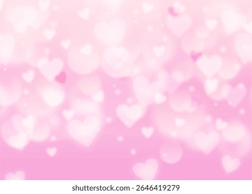 Pink background with bokeh and hearts. Cute pastel gradient girly blurred backdrop for Valentine Day card design. 