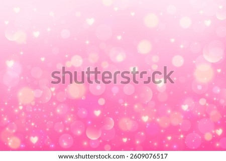Pink background with bokeh and hearts. Cute pastel gradient girly blurred backdrop for Valentine Day card design. Lovely dreamy vector wallpaper with soft fairy light. Lilac glittering bg