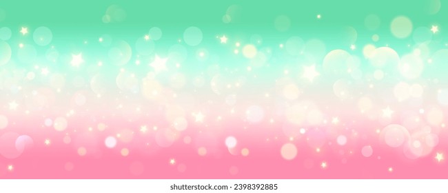 Pink background with bokeh and stars. Abstract light blurred vector design. Soft rose and turquoise sky. Gradient romantic wallpaper.