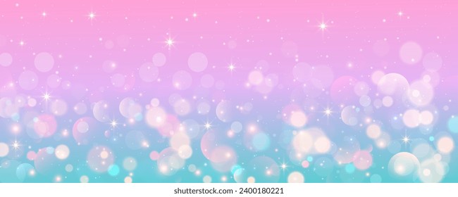 Pink background with bokeh and stars. Abstract light blurred vector design. Soft rose and blue sky. Gradient romantic wallpaper.