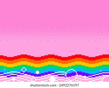 Pink Background with Bright Rainbow Wavy Ribbon and Abstract white Foam Lines, Pixel Art Style