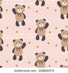 Pink background with brown teddy bear in a bow tie with golden dots, forest animals kid seamless pattern background for wrapping paper, fabric and textile print.