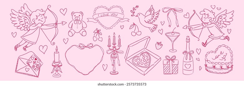 A pink background with a bunch of drawings of Valentine's Day related things. The drawings include a teddy bear, a glass of wine, a bottle of wine, a wine glass, a cake, a pizza, a candle, a bow