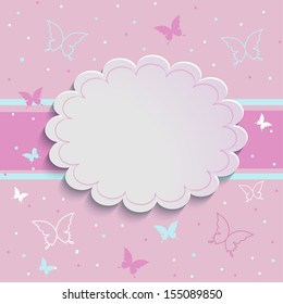 Pink background with butterflies and dots and color of the label to cast a shadow