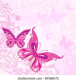 Pink background with butterfly. Vector.