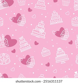 Pink background with cake and heart patterns. Vector illustration
