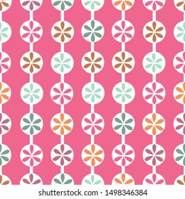 Pink background with candy flowers pattern with dots and pink flower. Baby shower background