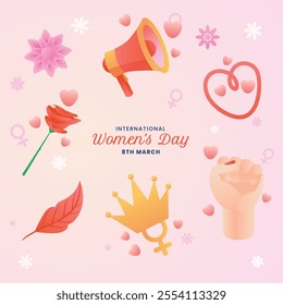 Pink background celebrating International Women's Day with feminine elements like flowers, hearts, crown, and fist. Suitable for feminist designs and empowerment campaigns.
