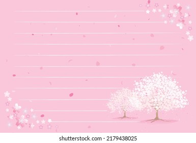 Pink background with cherry trees and petals of cherry blossoms Horizontal horizontal paper stationery vector