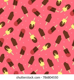 Pink background chocolate peanut hazelnut ice cream popsicle seamless pattern