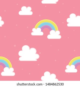 Pink background with cloud and rainbow. Sweet pastel wallpaper