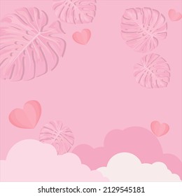 pink background with clouds and montera leaves. Product Presentation, Mockup, Vector Design Illustration
