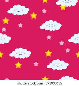 Pink background with clouds and stars. Print for children clothing. Vector illustration.
