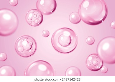 Pink background with collagen cell pattern for skin care concept. Realistic 3d vector illustration with oil ball drop and liquid cosmetic sphere with molecule inside. Face and body moisture essence.