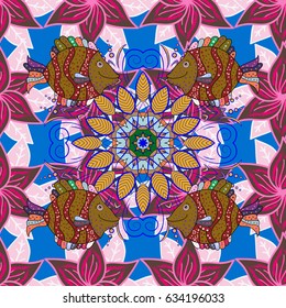 Pink background. Colored mandalas element. Vector illustration.