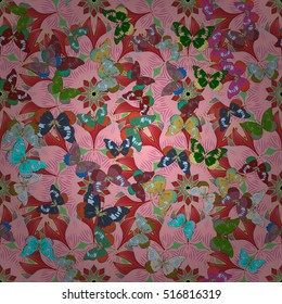 Pink background with colorful buttaerflies and flowers. Vector.
