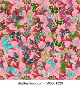 Pink background with colorful butterflies and flowers. Vector.