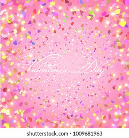 Pink  background with colorful flying hearts. Card for Valentine's Day.Valentine's day message.