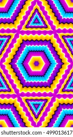 Pink background with colorful hexagons and triangles (optical expansion illusion). Seamless pattern.