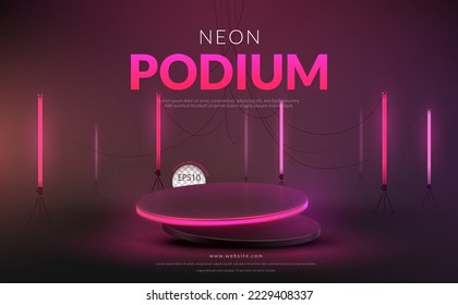 Pink background concept, Podium with Pink neon light on black background for product display, Vector illustration