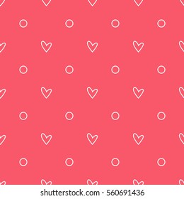 Pink background with contour white hearts polka dots. Seamless vector pattern eps 10. Simple repeating texture. For Valentine's Day and Wedding. Gift wrap, print, fabric, textile retro fond.