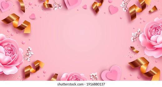 Pink background with copyspace for text. Roses, gypsophila branches, paper hearts and serpentine. Festive frame made of realistic elements to create your design. 