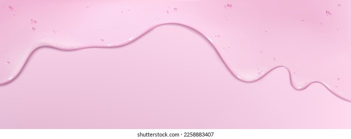 Pink background with cosmetic gel texture. Vector realistic illustration of transparent liquid substance, anti-aging serum or skincare cream flowing down. Abstract backdrop for beauty services ads