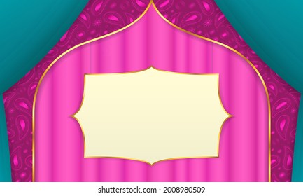 Pink background with curtains and paisley decoration, in indian style. Blank blackboard with gold frame in the middle.