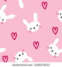 Pink background with cute hand drawn white bunny and kawaii hearts girly kids or Valentine’s Day seamless pattern fabric or wrapping paper design